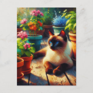 Siamese Kat in de Tuin Olieverfschilderij Briefkaart