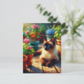 Siamese Kat in de Tuin Olieverfschilderij Briefkaart (Staand voorkant)