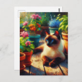 Siamese Kat in de Tuin Olieverfschilderij Briefkaart (Voorkant / Achterkant)