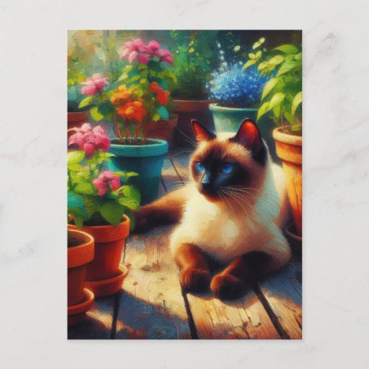Siamese Kat in de Tuin Olieverfschilderij Briefkaart (Voorkant)