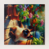 Siamese Kat in de Tuin Olieverfschilderij Legpuzzel (Horizontaal)