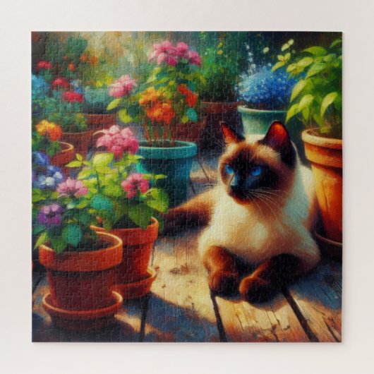 Siamese Kat in de Tuin Olieverfschilderij Legpuzzel (Verticaal)