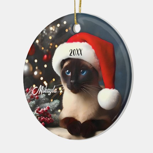  Siamese kat in een kerstmuts Keramisch Ornament (Links)