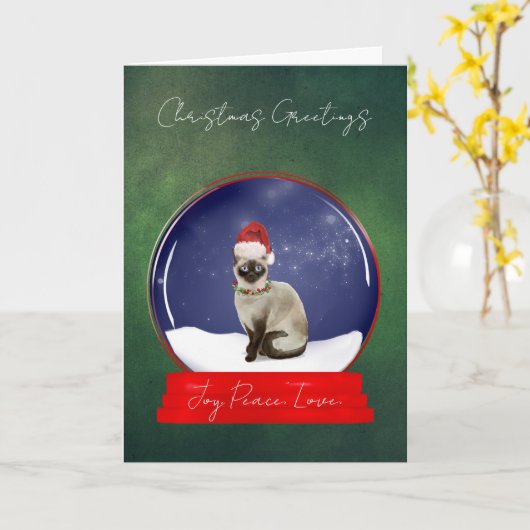 Siamese kat in een Wereldbol met kerstsneeuw Kaart (Gele Bloem)
