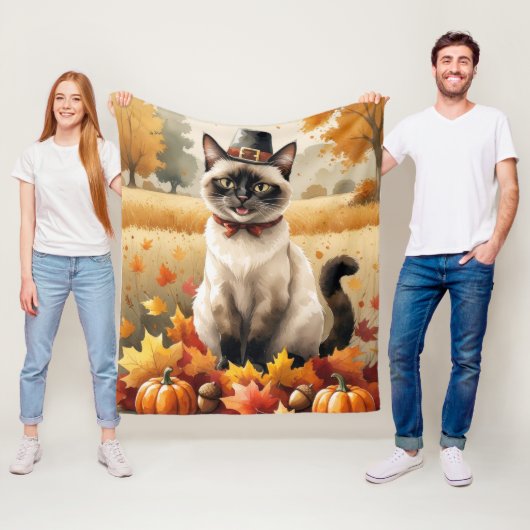 Siamese kat in herfstbladeren Thanksgiving-kunst Fleece Deken (In situ)