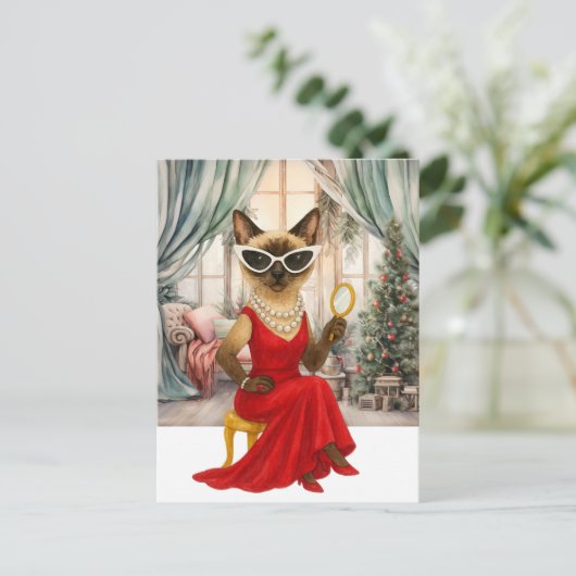 Siamese kat in het kersthuis feestdagenkaart (Staand voorkant)
