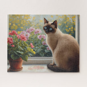 Siamese kat in het raam met uitzicht op de tuin legpuzzel