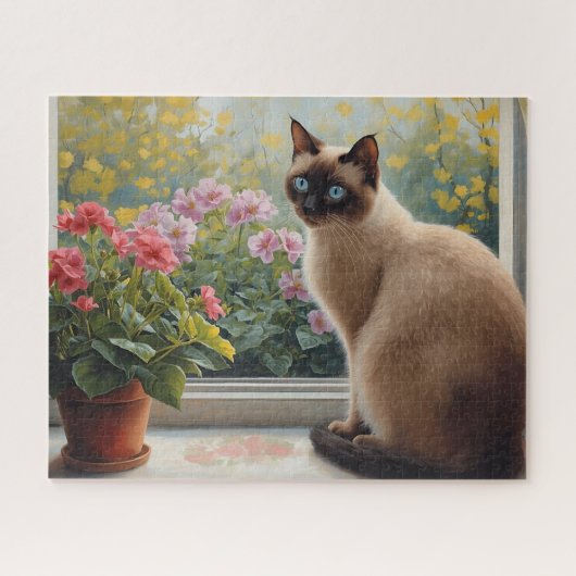 Siamese kat in het raam met uitzicht op de tuin legpuzzel (Horizontaal)