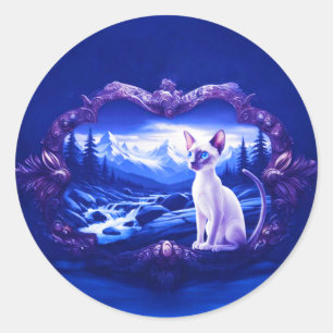 Siamese kat in Schilderachtig Lijst Ronde Sticker