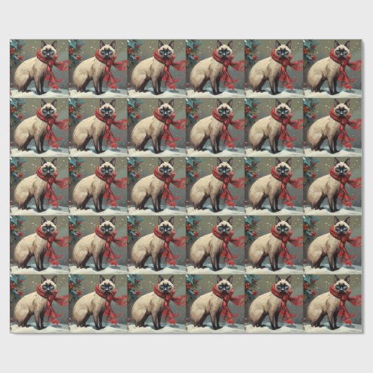 Siamese Kat in Sneeuw Kerstmis Cadeaupapier (Vlak)