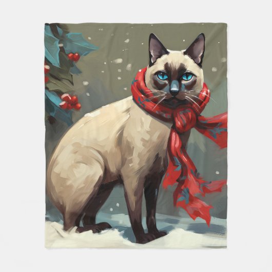 Siamese Kat in Sneeuw Kerstmis Fleece Deken (Voorkant)