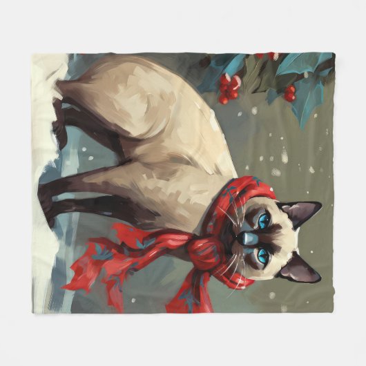 Siamese Kat in Sneeuw Kerstmis Fleece Deken (Voorkant (Horizontaal))