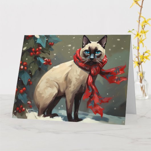 Siamese Kat in Sneeuw Kerstmis Kaart (Gele Bloem)