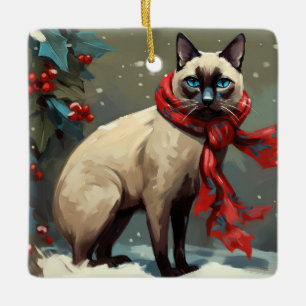 Siamese Kat in Sneeuw Kerstmis Keramisch Ornament