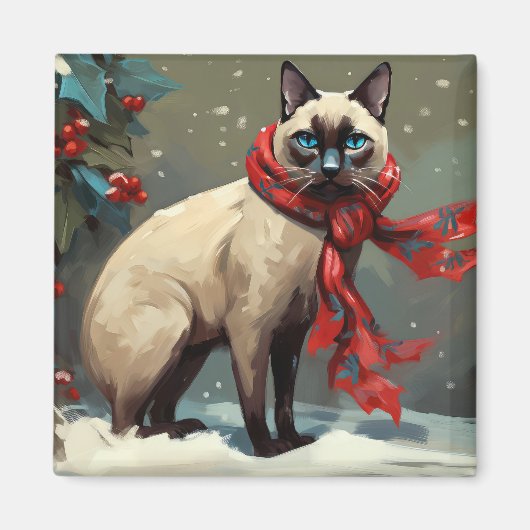Siamese Kat in Sneeuw Kerstmis Magneet (Voorkant)
