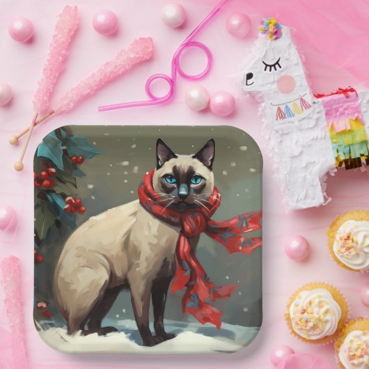 Siamese Kat in Sneeuw Kerstmis Papieren Bordje (Feest)