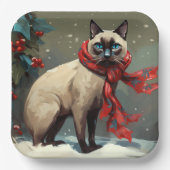 Siamese Kat in Sneeuw Kerstmis Papieren Bordje (Voorkant)