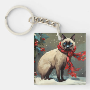 Siamese Kat in Sneeuw Kerstmis Sleutelhanger