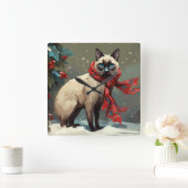 Siamese Kat in Sneeuw Kerstmis Vierkante Klok (Huis)