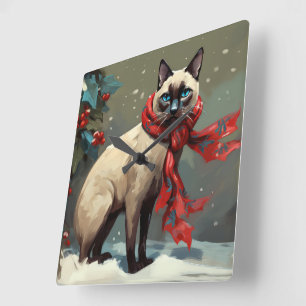 Siamese Kat in Sneeuw Kerstmis Vierkante Klok