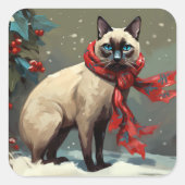 Siamese Kat in Sneeuw Kerstmis Vierkante Sticker (Voorkant)