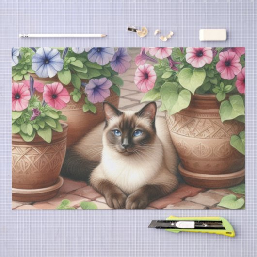 Siamese kat in tuin met kleipotten tissuepapier (Craft)