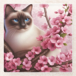 Siamese Kat Japanse Kersenbloesem Bloem Roze Glazen Onderzetter
