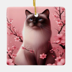 Siamese Kat Japanse Kersenbloesem Bloem Roze Keramisch Ornament