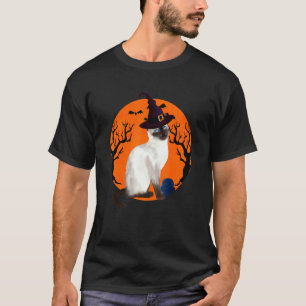 Siamese Kat Kattige Halloween Heksenhoed En Maan T-shirt