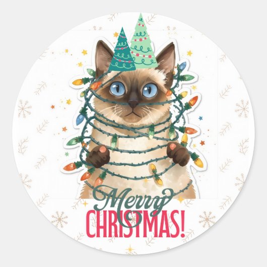 Siamese kat kerst ronde sticker (Voorkant)