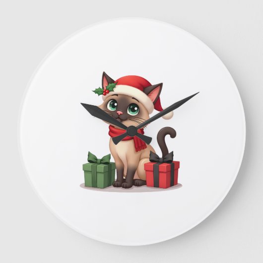 Siamese Kat Kerstmis Vakantie Kerstman Siamese Kat Grote Klok (Voorkant)