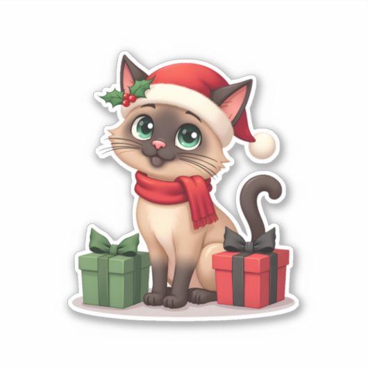 Siamese Kat Kerstvakantie Santa Siamese Kat Kerstm Sticker (Voorkant)