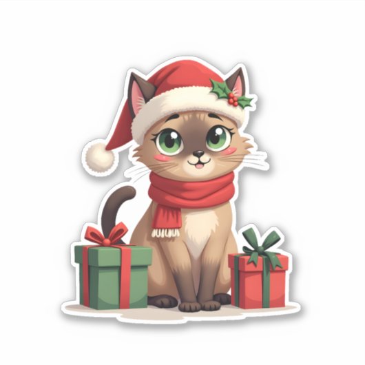 Siamese Kat Kerstvakantie Santa Siamese Kat Kerstm Sticker (Voorkant)