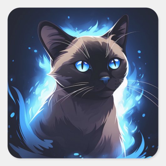 Siamese kat kitten op een elektrische blauwe achte vierkante sticker (Voorkant)