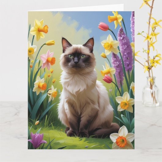 Siamese kat lente bloemen schilderen kaart (Gele Bloem)