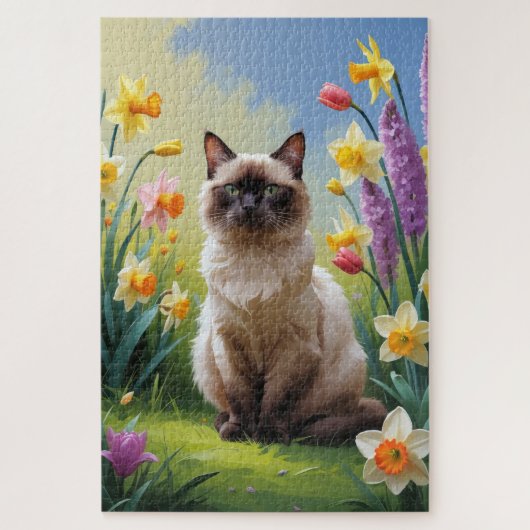 Siamese kat lente bloemen schilderen legpuzzel (Verticaal)