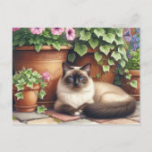 Siamese kat liegen door bloemen kattenliefhebber briefkaart (Voorkant)
