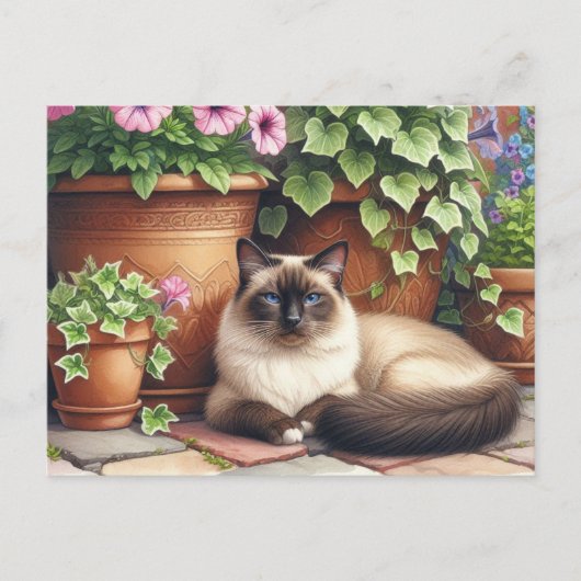 Siamese kat liegen door bloemen kattenliefhebber briefkaart (Voorkant)