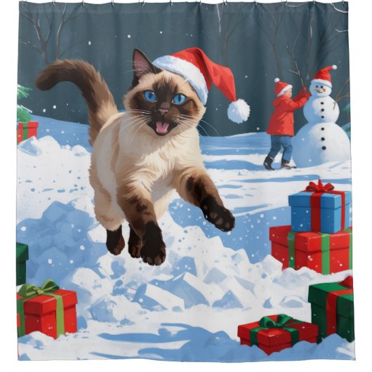 Siamese kat loopt in de sneeuw met kerst Pet Douchegordijn (Voorkant)