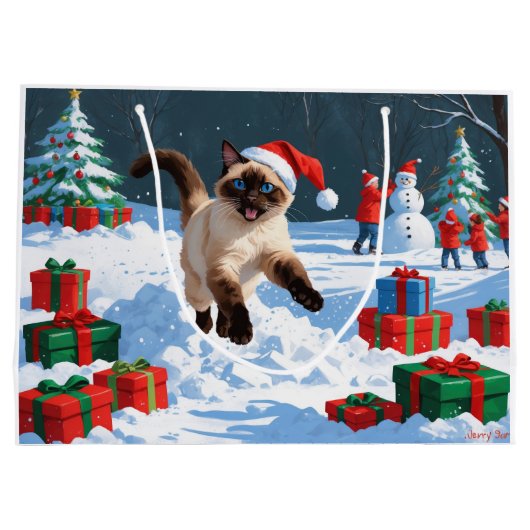 Siamese kat loopt in de sneeuw met kerst Pet Groot Cadeauzakje (Achterkant)