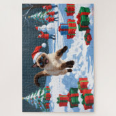 Siamese kat loopt in de sneeuw met kerst Pet Legpuzzel (Verticaal)