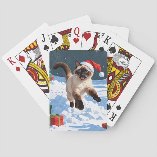 Siamese kat loopt in de sneeuw met kerst Pet Pokerkaarten (Achterkant)