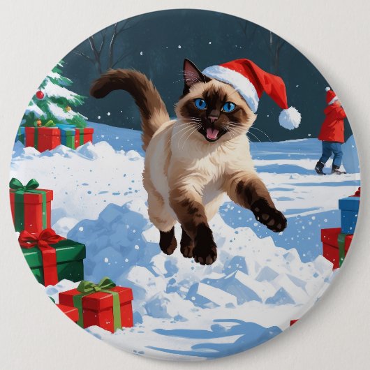 Siamese kat loopt in de sneeuw met kerst Pet Ronde Button 6,0 Cm (Voorkant)