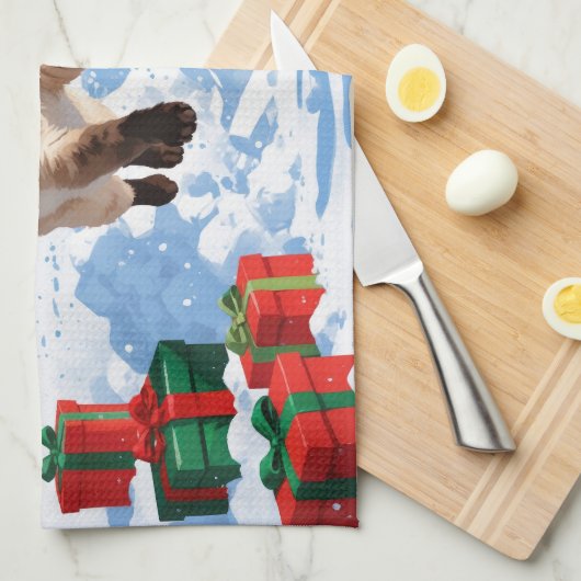 Siamese kat loopt in de sneeuw met kerst Pet Theedoek (Quarter Fold)