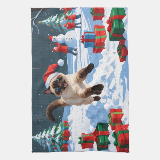 Siamese kat loopt in de sneeuw met kerst Pet Theedoek (Verticaal)