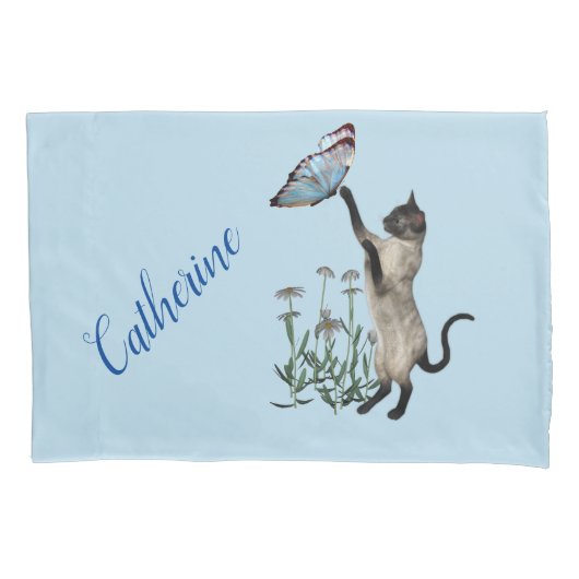 Siamese kat met blauwe vlinder, speciaal gepersona kussensloop (Voorkant)