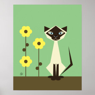 Siamese kat met bloemen poster
