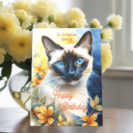 Siamese kat met geel Sinaasappel bloemen Verjaarda Kaart