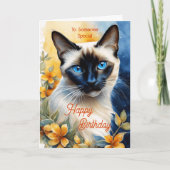 Siamese kat met geel Sinaasappel bloemen Verjaarda Kaart (Voorkant)