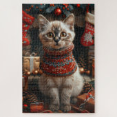 Siamese kat met kerstcadeaus open haard legpuzzel (Verticaal)